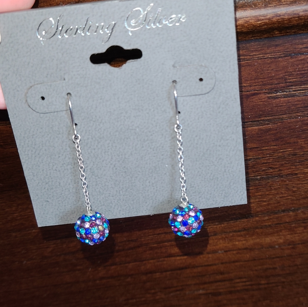 Silver, Blue, Purple, Teal Dangling Ball Earrings